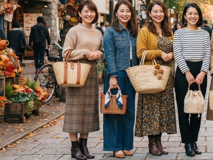 秋色のトップスと合わせてバッグを馴染ませる