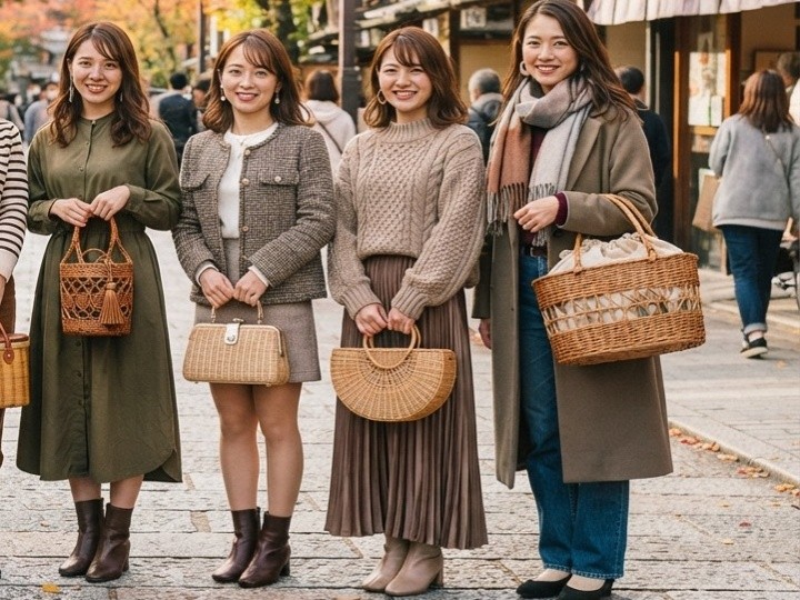 秋らしく見せるかごバッグのコーディネート術