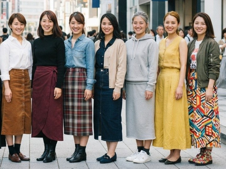 靴を変えるとロングスカートの印象も変わる